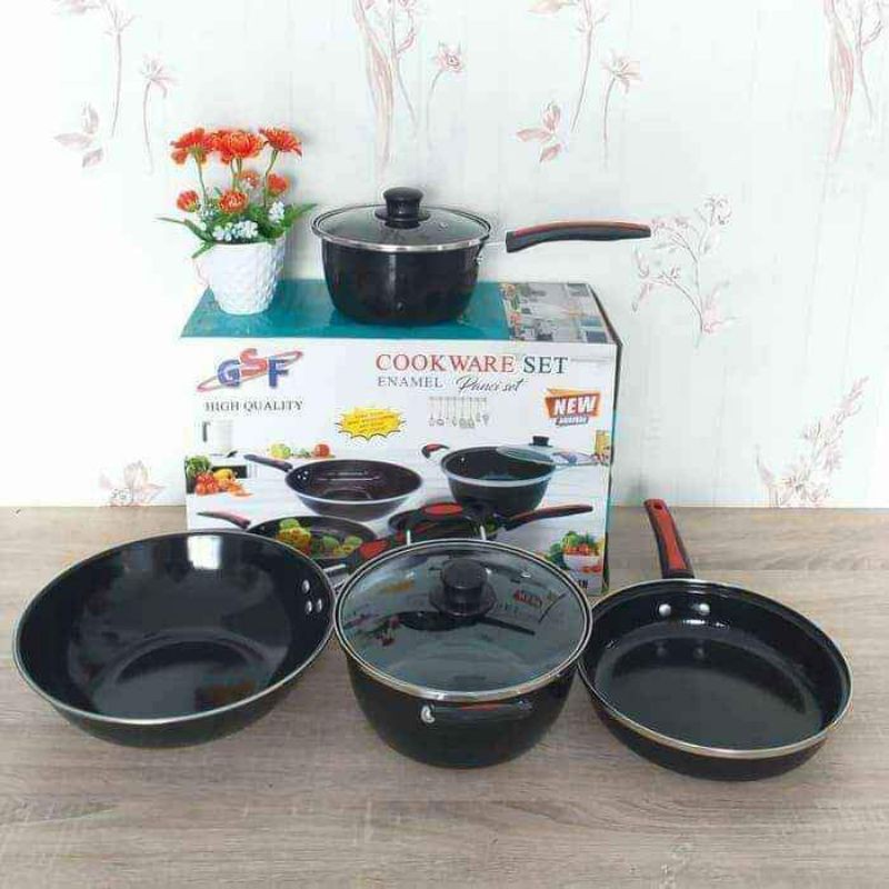 panci set enamel gsf 1831 6pcs 8830 cookware set GSF enamel + tutup kaca anti lengket