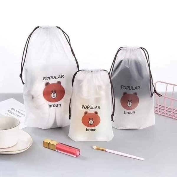 Travel Pouch Organizer Tas Serut Broun Waterprof Tas Kosmetik Trasparan / Pouch Make Up Serbaguna