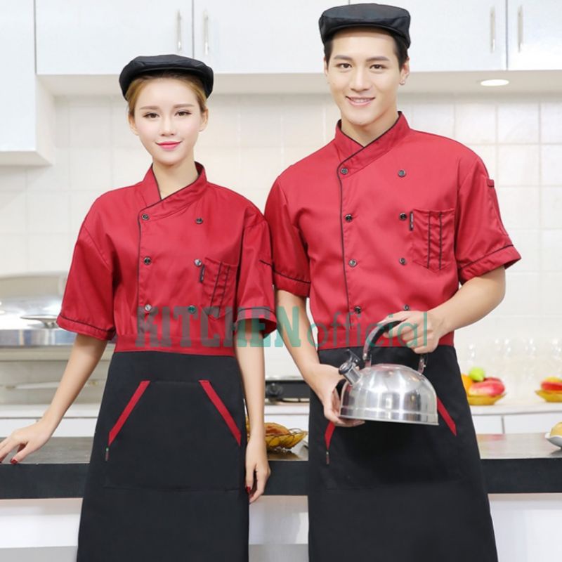 Kitchen.Official Baju Koki Chef Seragam Masak Jacket Lengan Pendek Unisex Pria Wanita Termurah