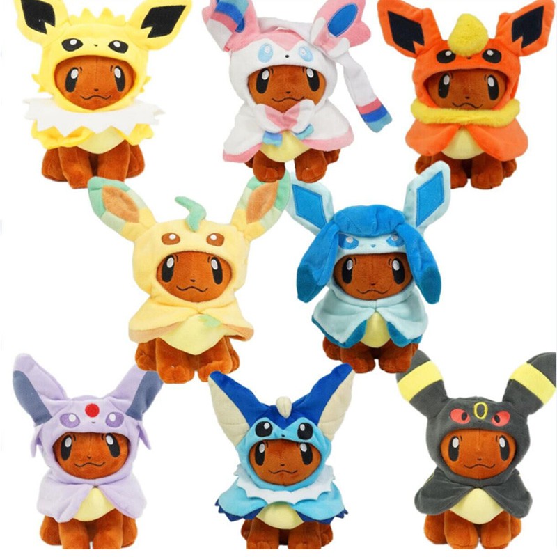 Boneka Lucu 20 cm 8 pulgadas Anime dibujos animados Eevee Poncho paraguas Espeon Jolteon Vaporeon