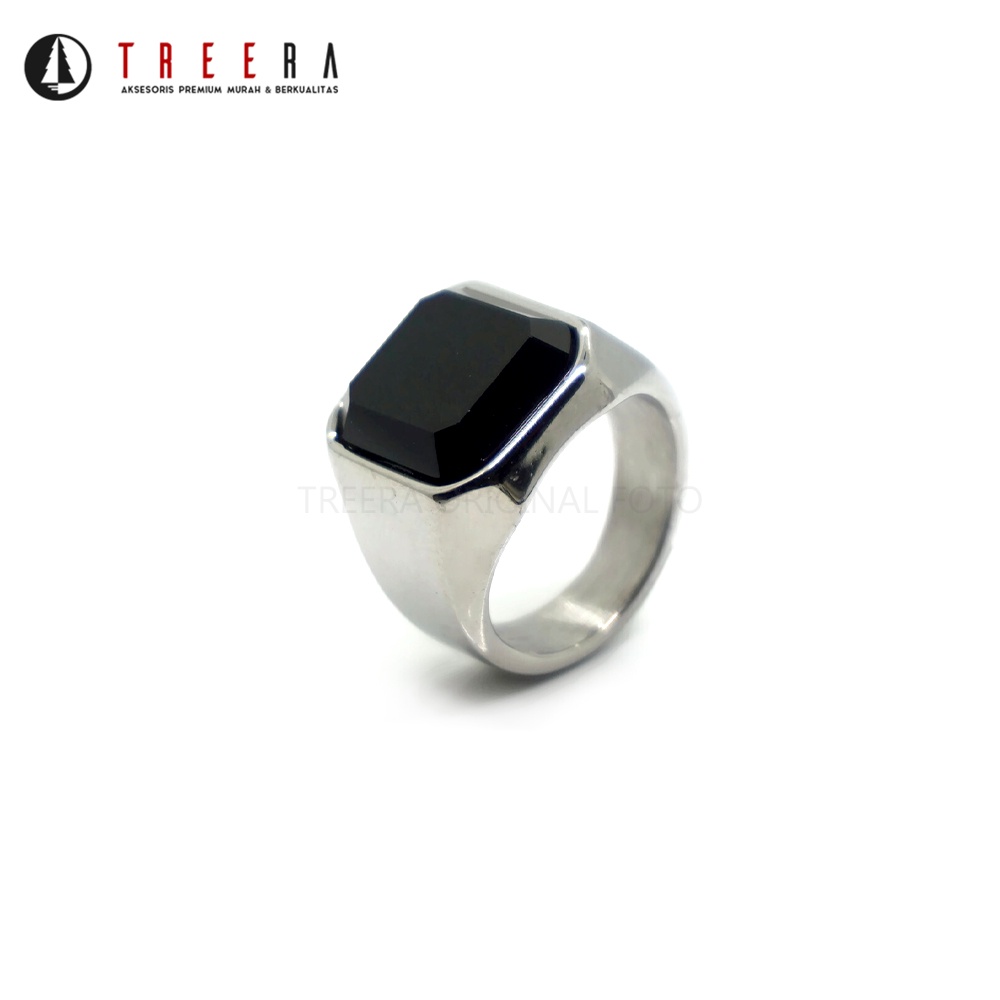 Treera - Cincin Titanium Pria Silver Batu Hitam Original Real