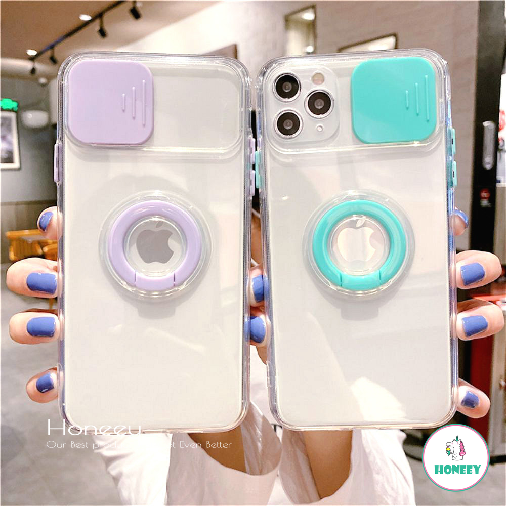 Candy Color Pull Push Finger Ring Clear Phone Case for iPhone 12 11 Pro