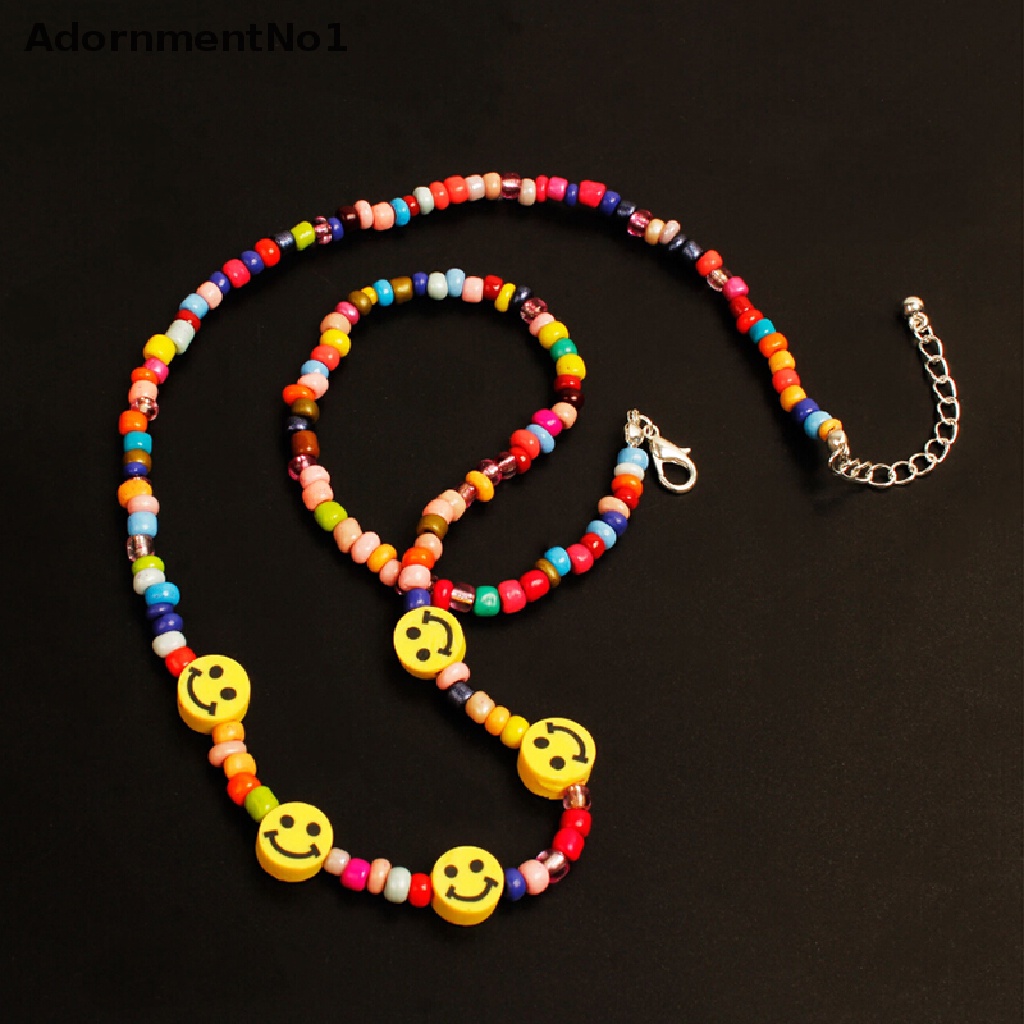 (AdornmentNo1) Kalung Choker Gaya Bohemia Motif Smiley Face Aksen Manik-Manik Untuk Perhiasan Wanita / Musim Panas