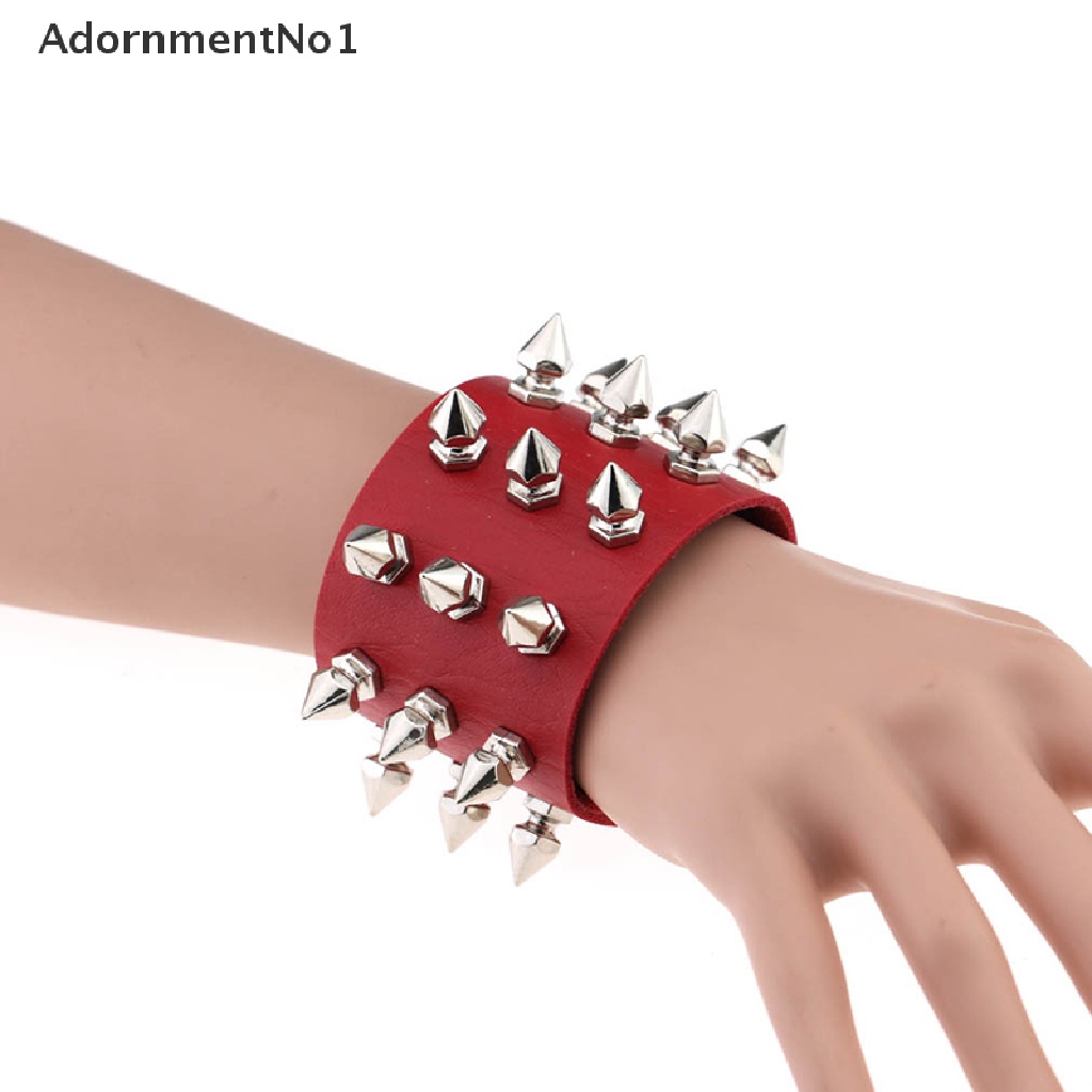 (AdornmentNo1) Gelang Tangan Kulit PU Lebar Aksen Rivet Tiga Baris Gaya Punk Gothic Rock Untuk Wanita