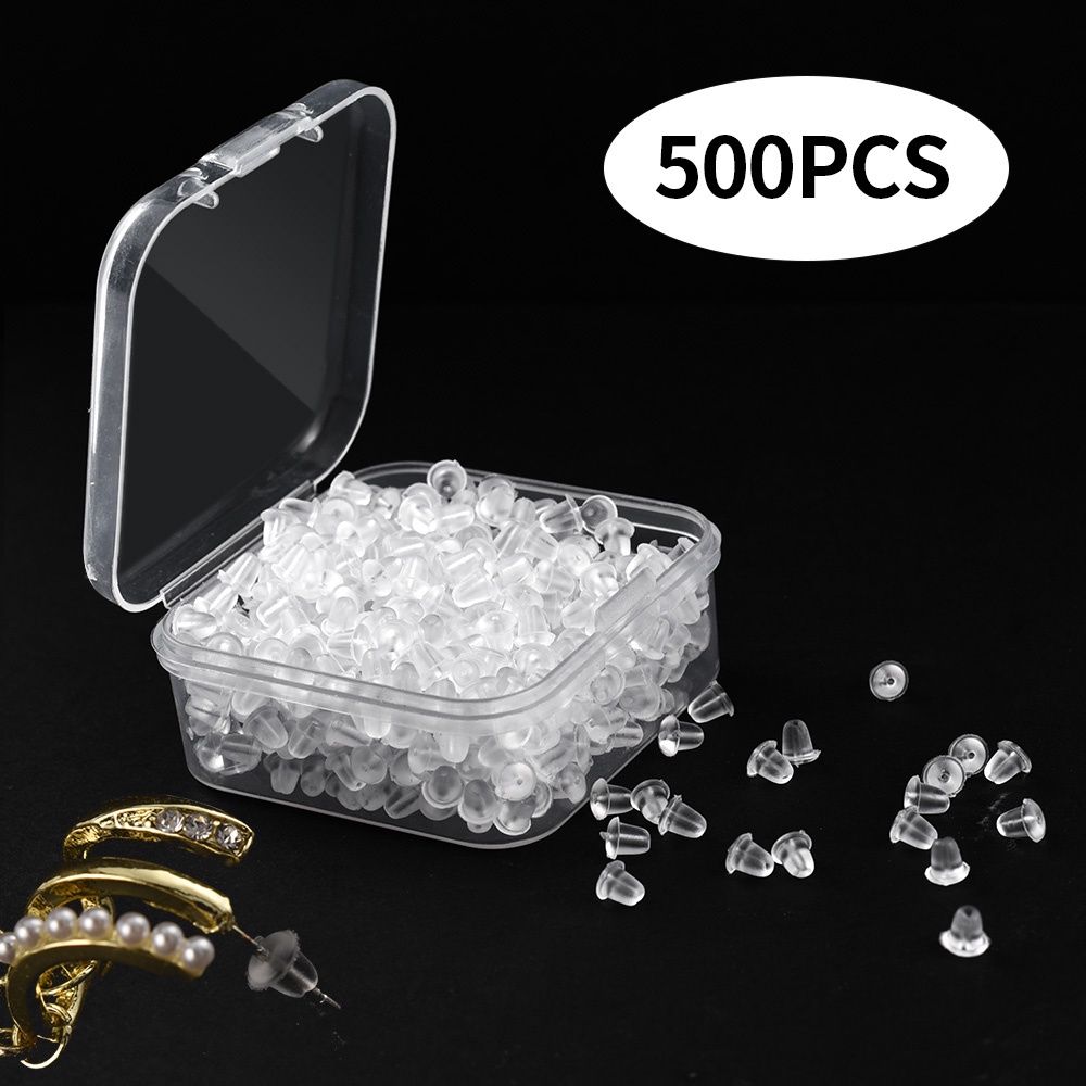 500pcs Stopper Anting Bahan Silikon Transparan Dengan Kotak Penyimpanan