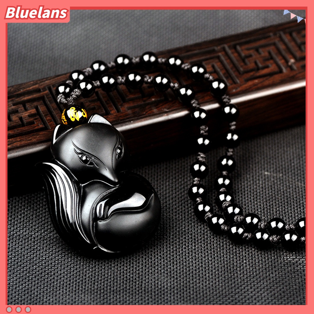 Kalung Rantai Liontin Manik-Manik Ukiran Rubah Obsidian Untuk Unisex