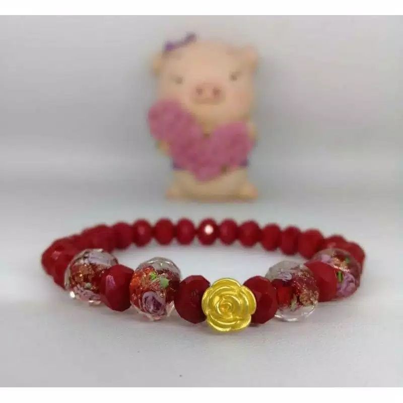 Gelang kristal mawar glassbeads emas Hongkong 24K