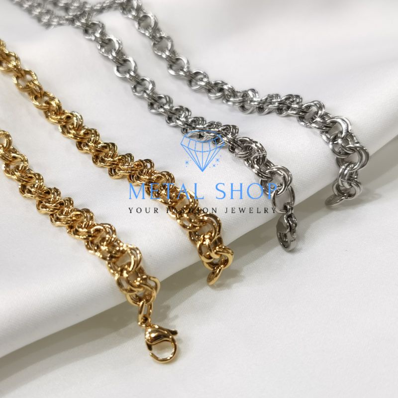 Kalung Titanium Pria Wanita Anti Karat Warna Emas Silver Model Rantai Ring Panjang 45CM