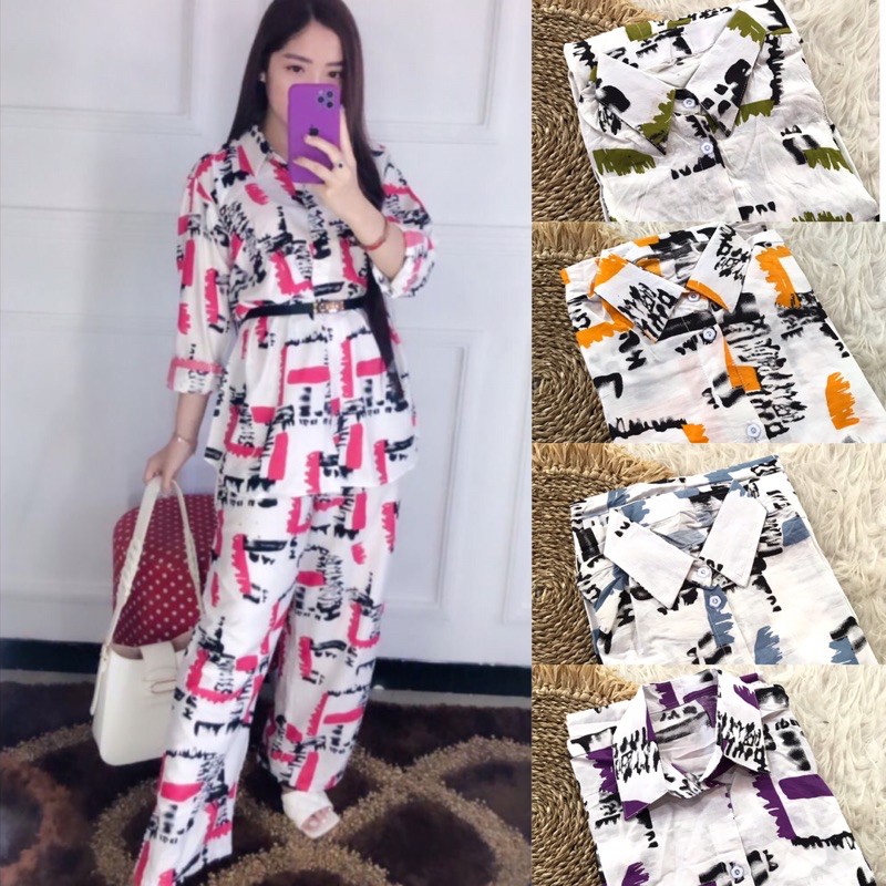 BAJU SET TYE DYE SETELAN KEMEJA WANITA FULL KANCING RAYON BALI HARGA KONVEKSI