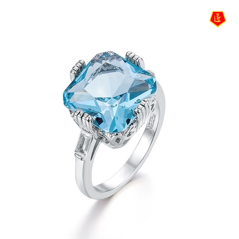 [Ready Stock]Inlaid Light Blue Topaz Square Diamond Ring Simple and Stylish