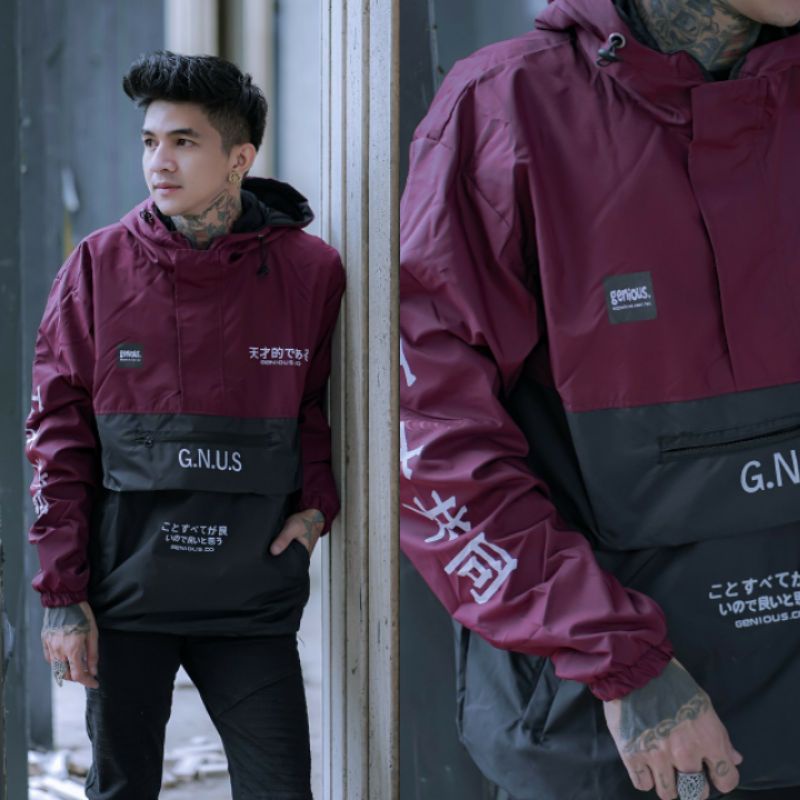 Jaket pria IKC 002 distro cbr Bandung hoodie dua sisi bolak balik keren grosir jaket cagoule erigo Jaket Pria Parasut Anti Air-CG Maroon Hitam