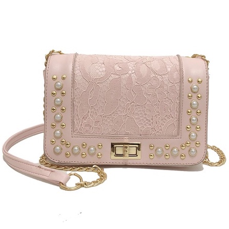 TAS SELEMPANG WANITA KOREA PESTA KULIT PINK QUERRE TA111P3 MUTIARA RANTAI RENDA BRANDED ABG BATAM PR