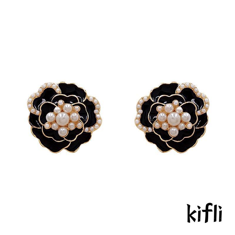 Anting Tusuk Silver 925 Desain Bunga Camellia Hias Mutiara + Berlian Imitasi Gaya Retro Untuk Wanita (KD)