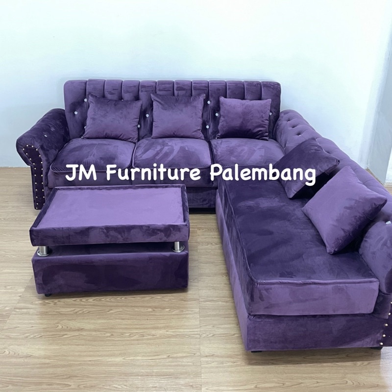 Sofa L Kancing Bludru Minimalis