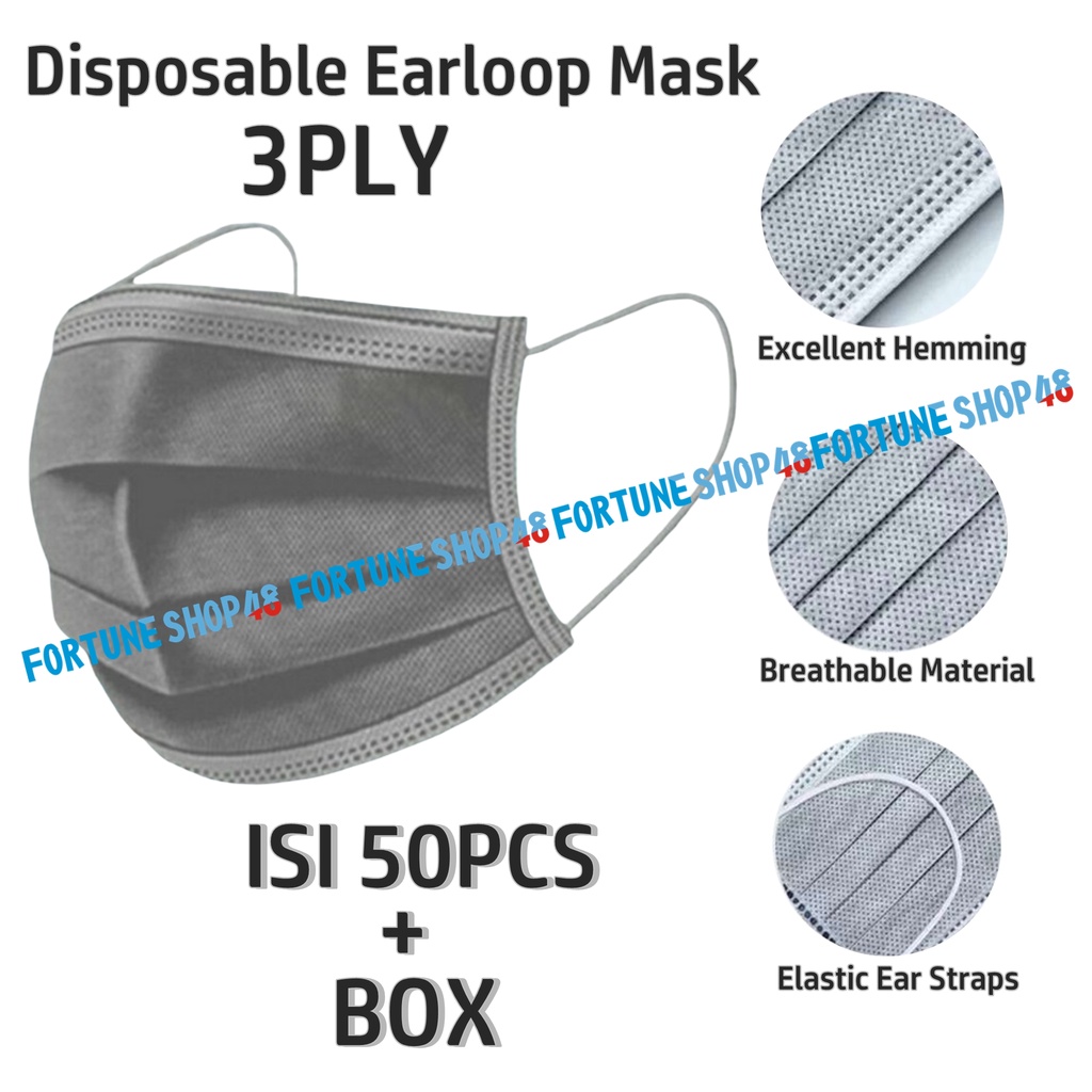 Masker Warna Abu 3Ply Earloop Isi 50pc +box / Masker 3 Ply Abu Abu Isi 50pc +box