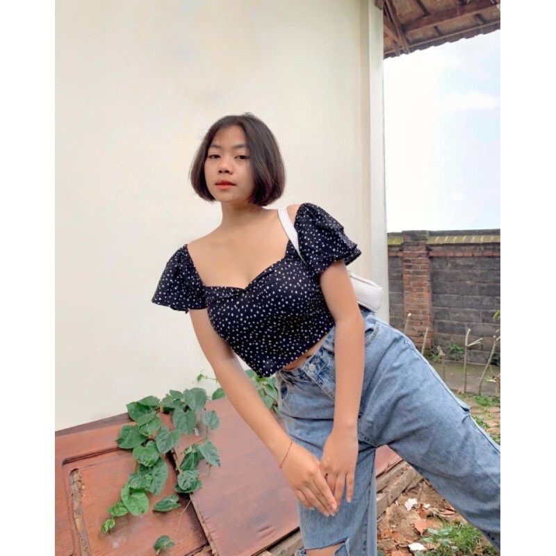 Baju crop wanita polkadot sabrina crop top puffy sleeve top crop top korea