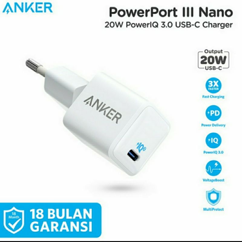 Anker Charger Powerport III Nano Usb C 20Watt Original