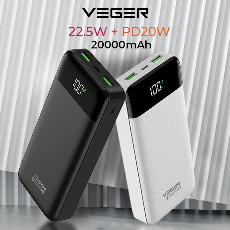 VEGER Powerbank Q21 20000mAh LED Digital Display Fast Charging Quick Charge 22.5W PD 20W Power Bank