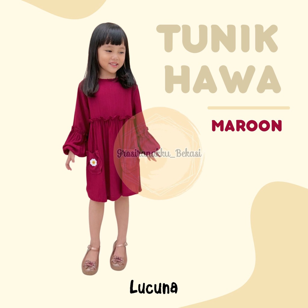 Tunik Anak Hawa Rayon Crincle Lucuna Warna Maroon 2-10thn