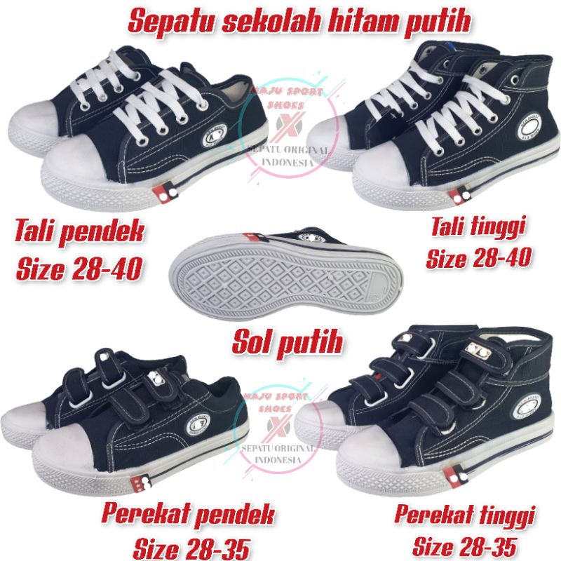 SEPATU SEKOLAH ANAK HITAM PUTIH TALI PEREKAT SOL PUTIH SD SMP SMA