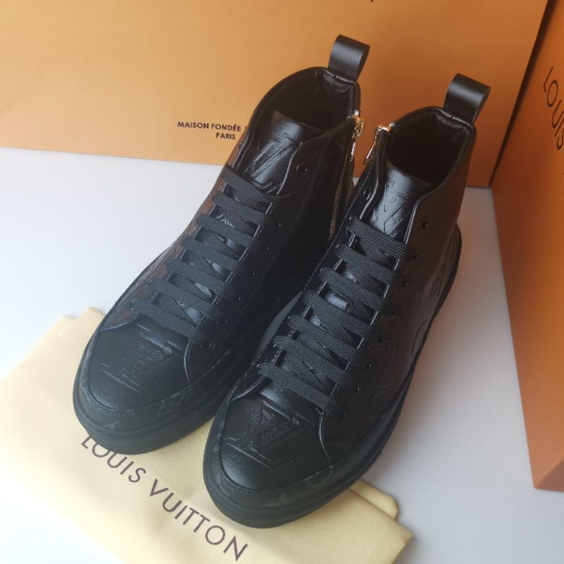 sepatu lv sneaker mirror quality shoes boots pria hitam kulit asli