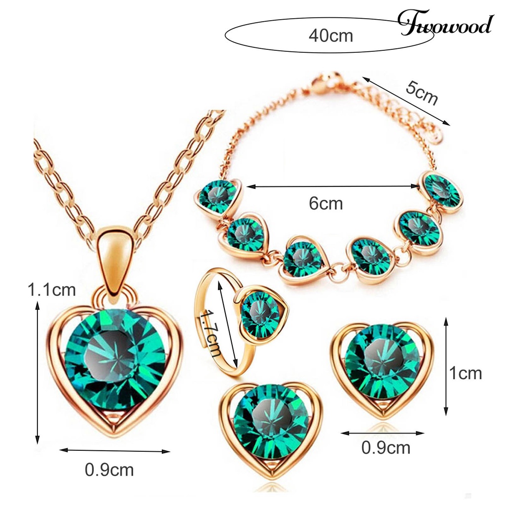 4pcs / Set Kalung Anting Gelang Cincin Liontin Hati Aksen Berlian Imitasi Adjustable Untuk Wanita