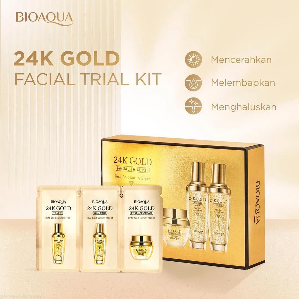 BIOAQUA 24K GOLD FACIAL SKINCARE TRIAL KIT SET(3GR+3GR+3GR) BPOM SAMPLE MINI SIZE ORIGINAL