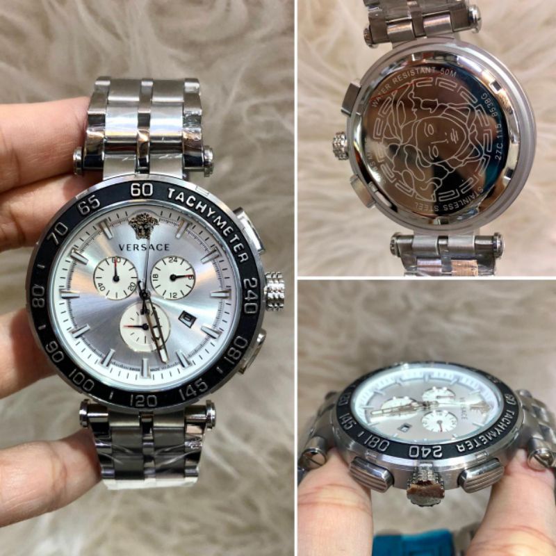 Real pic - Jam tangan pria VERSACE Choronograph  Premium Quality Silver