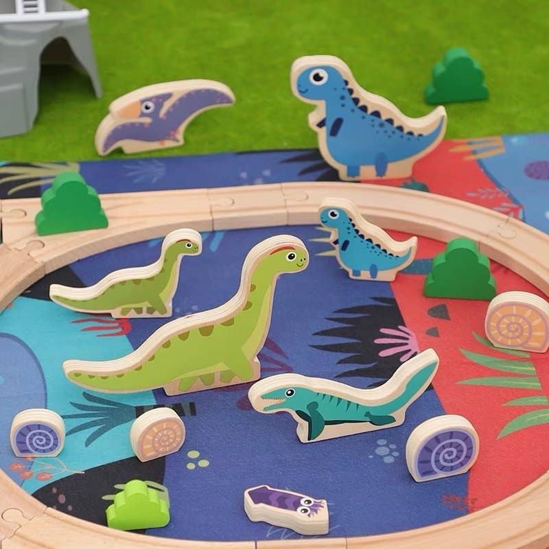 dinosaur wooden railway track mainan kereta kayu