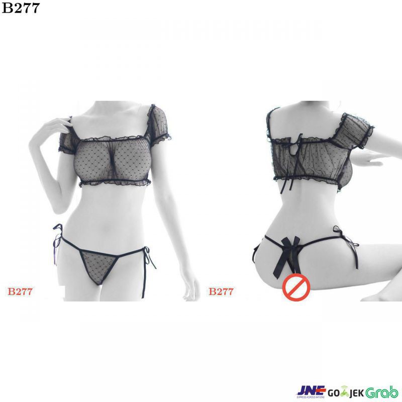 Bikini Bra Set Hitam Transparan, GString Ikat Samping
