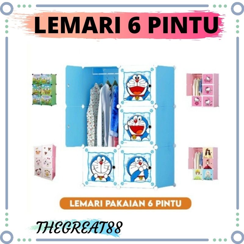 BAYAR DITEMPAT Lemari Pakaian Plastik Portable AWET simple Doraemon Hellokitty Keropi 6 Pintu Import Termurah