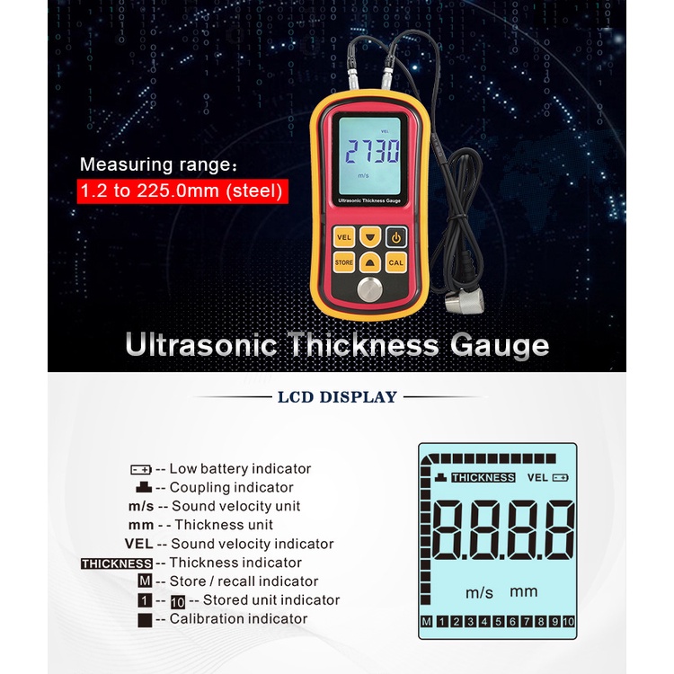 Digital Ultrasonic Thickness Gauge Meter Alat Ukur Ketebalan GM100