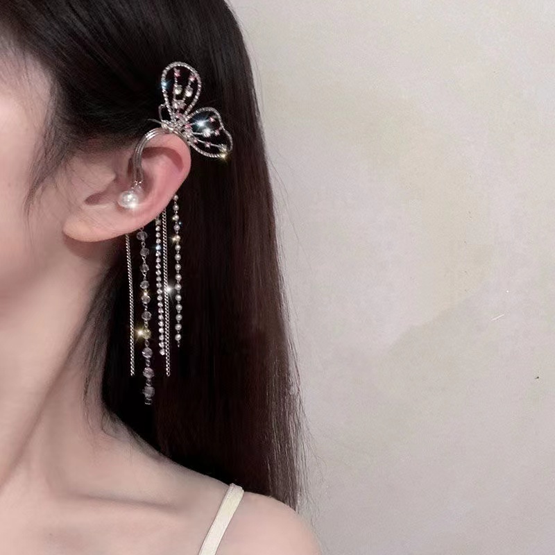 Anting Klip Tanpa Tindik Desain Pita Rumbai Hias Berlian Imitasi Berkilau Gaya Korea Untuk Wanita