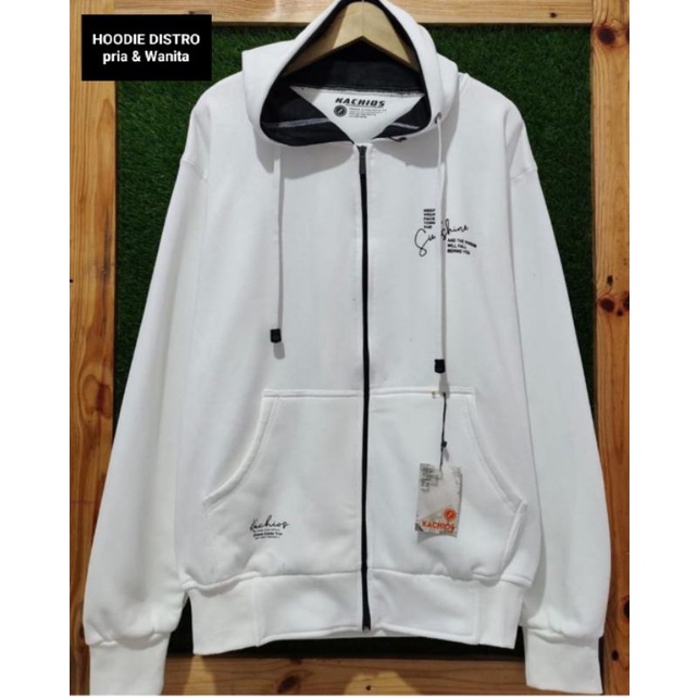 Kachios - Sweater Hoodie Zipper Resleting Pria Premium Original Kachios Putih Bahan Fleece Tebal - J