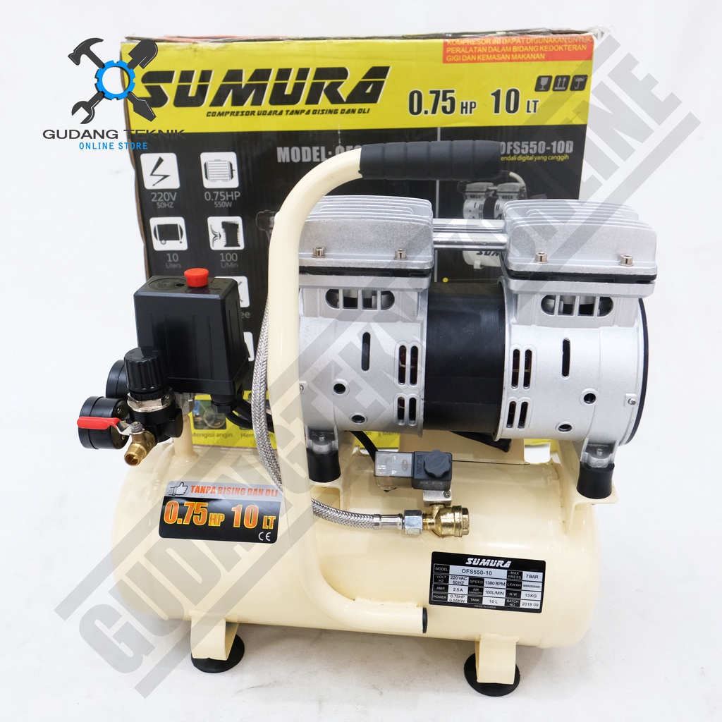 Kompresor Angin Tanpa Oli SUMURA OFS 550-10 / Air Compressor Oilless SUMURA OFS550-10 3/4Hp 10L