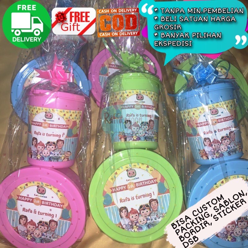 Souvenir Ulang Tahun Anak Tempat Makan Botol Minum Gelas Minum Plastik Custom Sticker