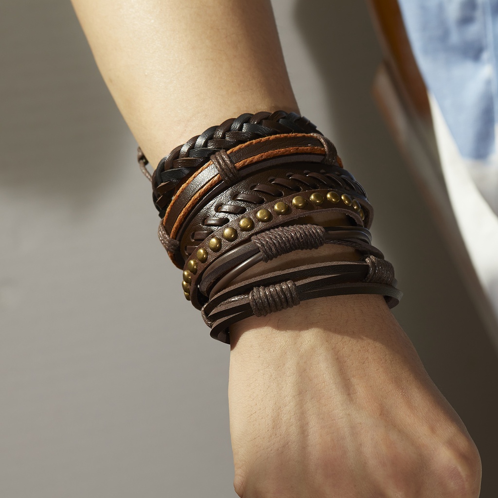4 / 5Pcs / Set Gelang Tali Kepang Multilayer Handmade Bahan Kulit Untuk Pria