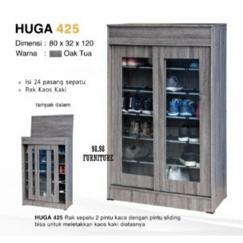 SIANTANO Lemari Sepatu 2 Pintu Kaca Sliding - Rak Sepatu Minimalis Sliding 2 Pintu Huga