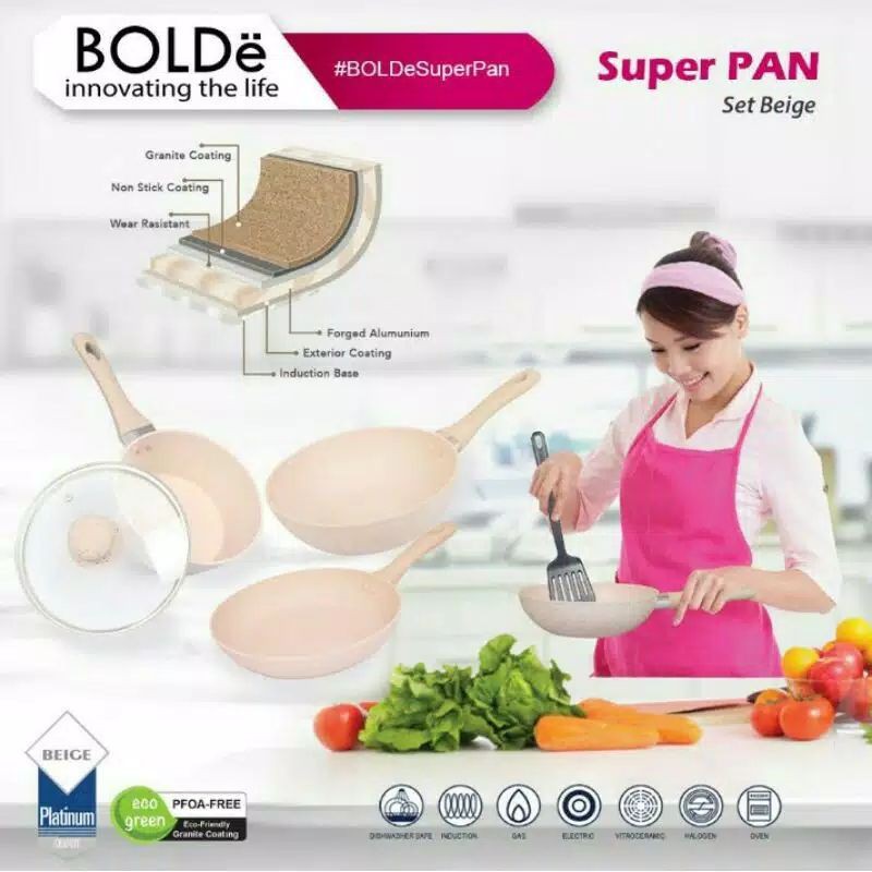 Bolde Super Pan Set 3 in 1 Beige Original Granite Coating Anti Lengket