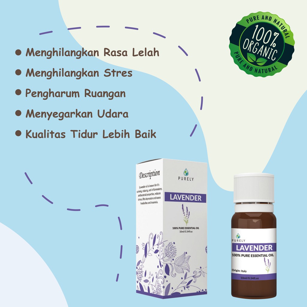 PURELY  Lavender essential oil dapat digunakan oleh anak-anak dan ibu hamil, Therapeutic-Grade 10ml