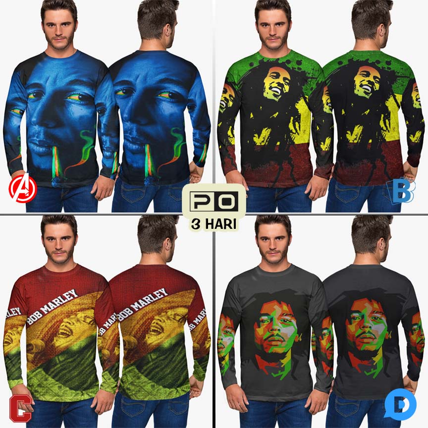 Kaos Tangan Panjang Bob Marley Tshirt Fullprint Bahan Polyester Jersey