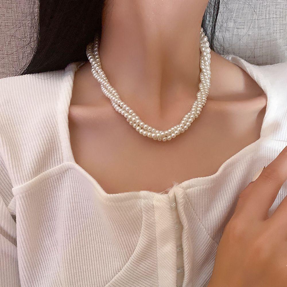 Mxbeauty Kalung Mutiara Temperamen Elegan Gaya Keren Multilayer Wanita Choker Alloy Gaya Korea Kalung