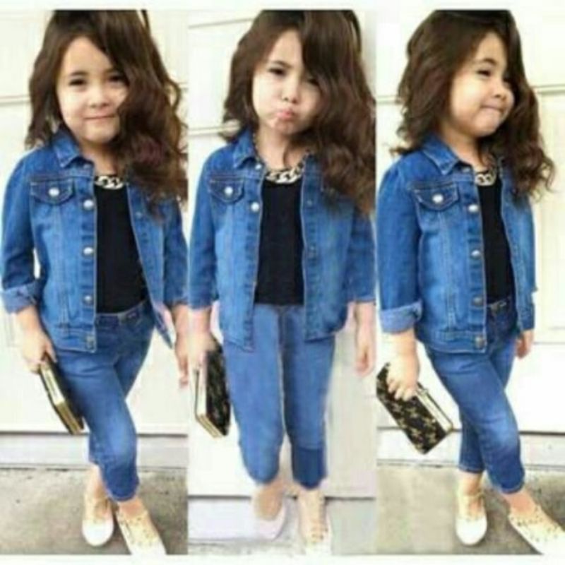 MLIEKIDS Fashion Baju Pakaian Setelan Stelan Set Atasan Bawahan Jaket Celana Jeans Anak Wanita Perem