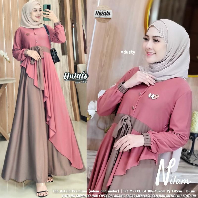 Uwais Gamis Jumbo Nilam Ld 106-124 Baju Wanita Dress Muslim Busui Zipper Mat Astela Premium Ori