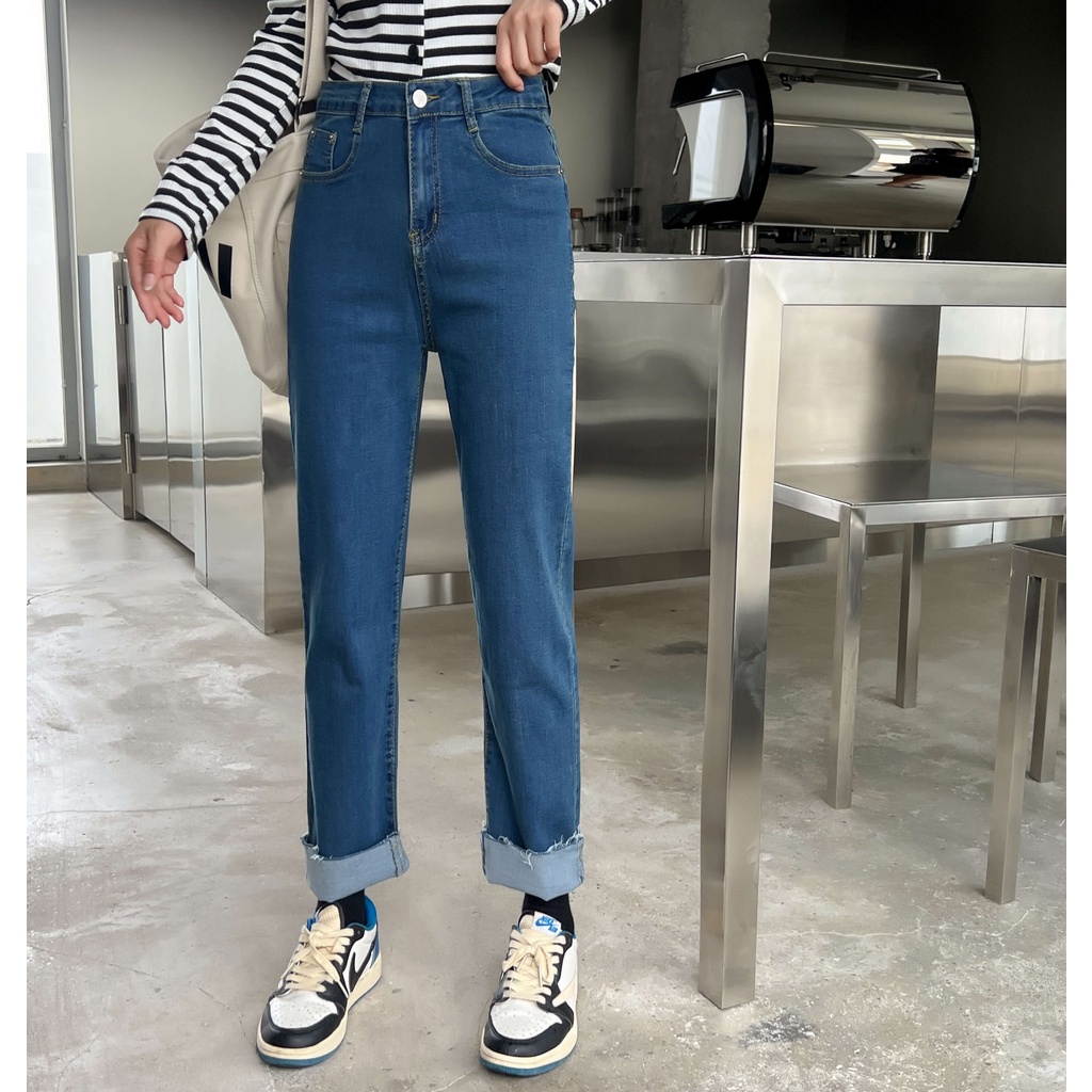 Celana Jeans Pinggang Tinggi Model Longgar Untuk Wanita