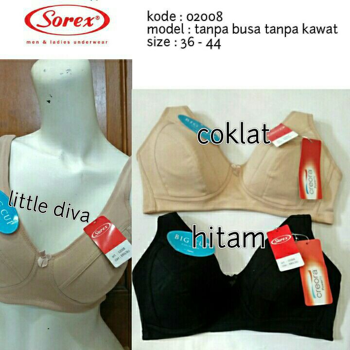 BRA Sorex 02008 busa tipis tanpa kawat big cup size 36 38 40 42 44 bh besar Katun 3 kait BTK