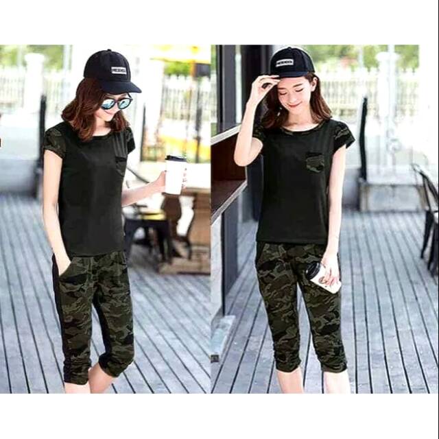 Stelan Army hitam LO/ Fashion wanita setelan Baju cewek pakaian wanita baju celana army cewek