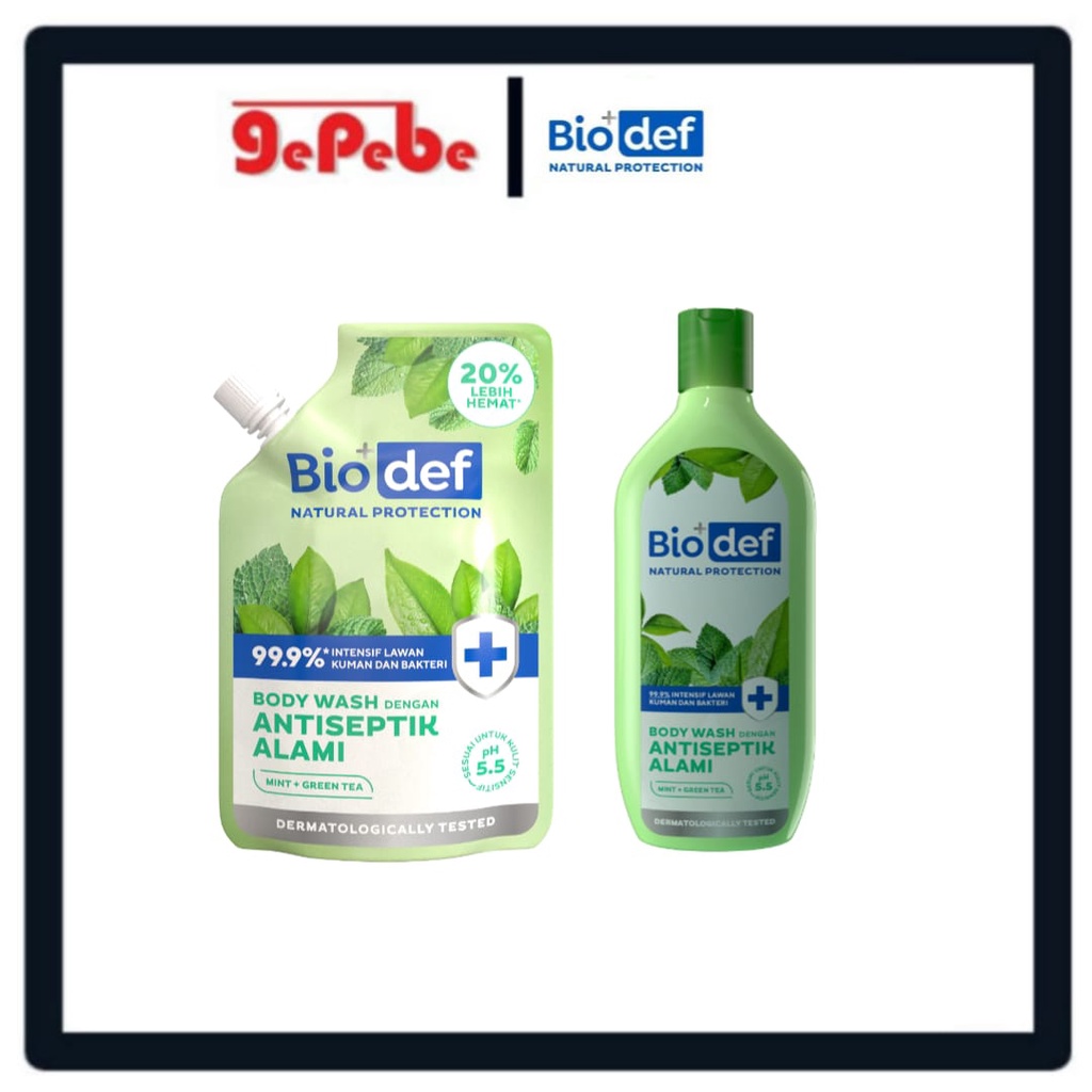 Biodef Natural Protection Mint + Green Tea Body Wash ( Botol 275mL &amp;  Refill 400mL )