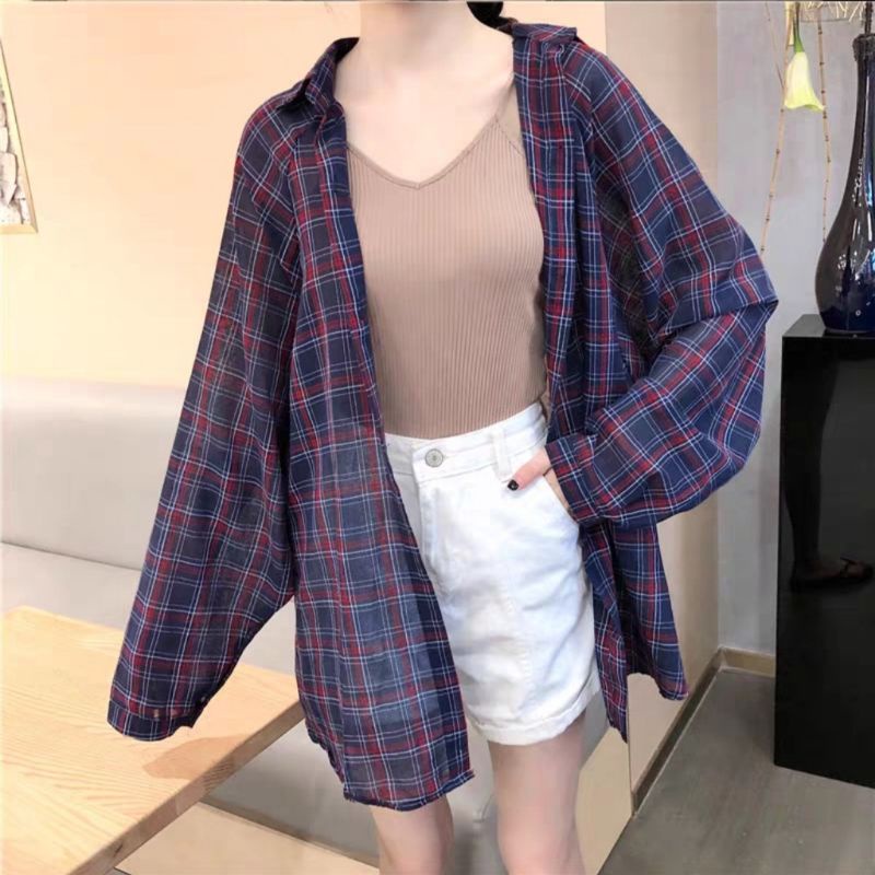 8682 Kemeja kotak-kotak oblong oversized kerah kancing lengan panjang katun import murah wanita keki