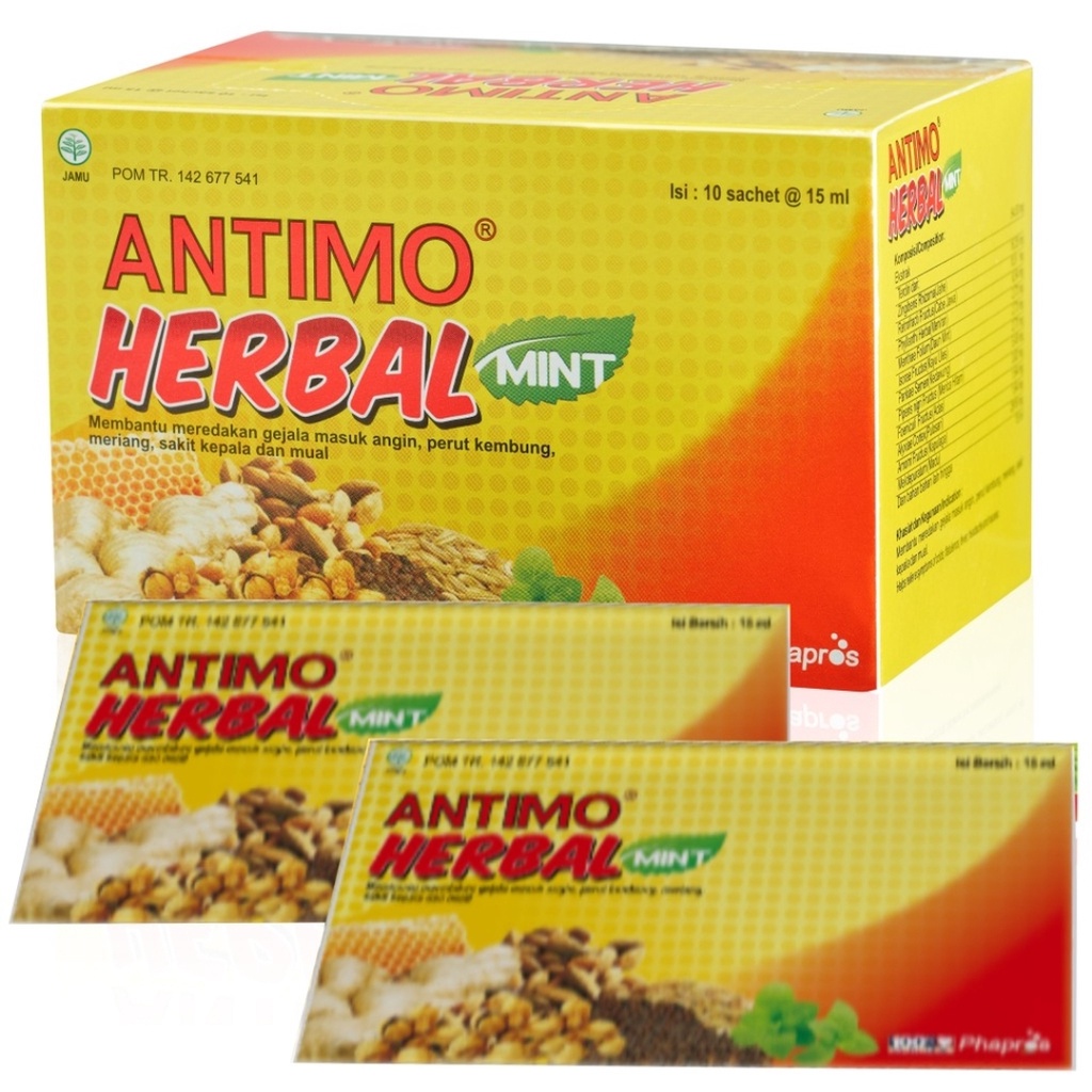 ANTIMO HERBAL Mint Cair Box @10 Sachet ~ untuk Meredakan Sakit Kepala..Masuk Angin..Mual